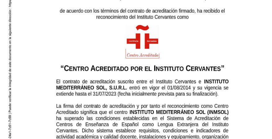 Certificado de Acreditación de Instituto Mediterráneo Sol